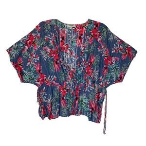 Haute Hippie women's medium swim cover kimono top floral blue tropical Hawaiian